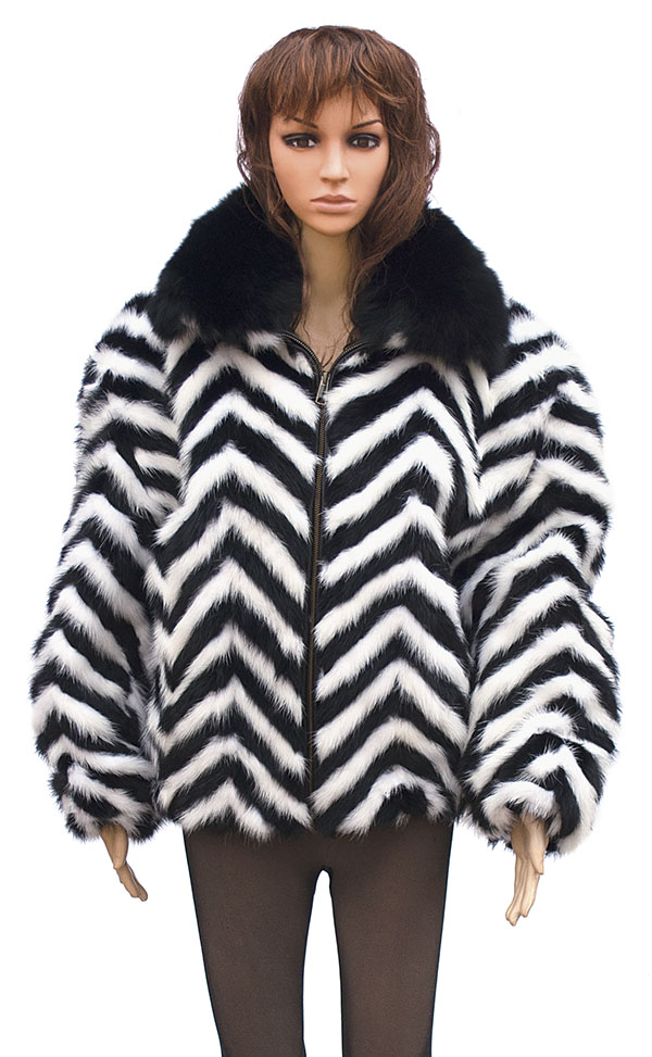 Winter Fur Ladies Black / White Chevron Mink Jacket With Black Fox Collar W39S05BWB.